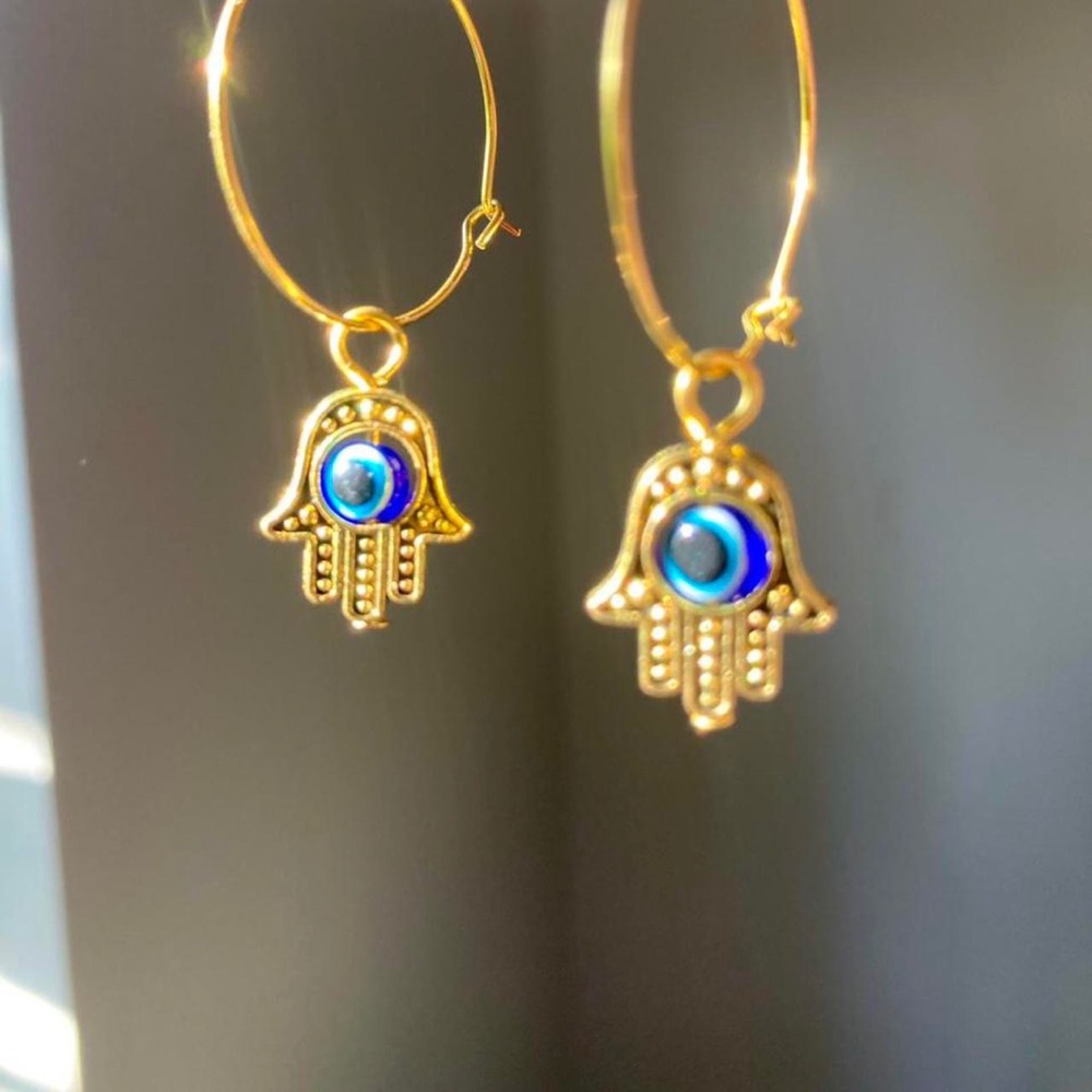 Gold hamsa hand evil eye mini hoop earrings